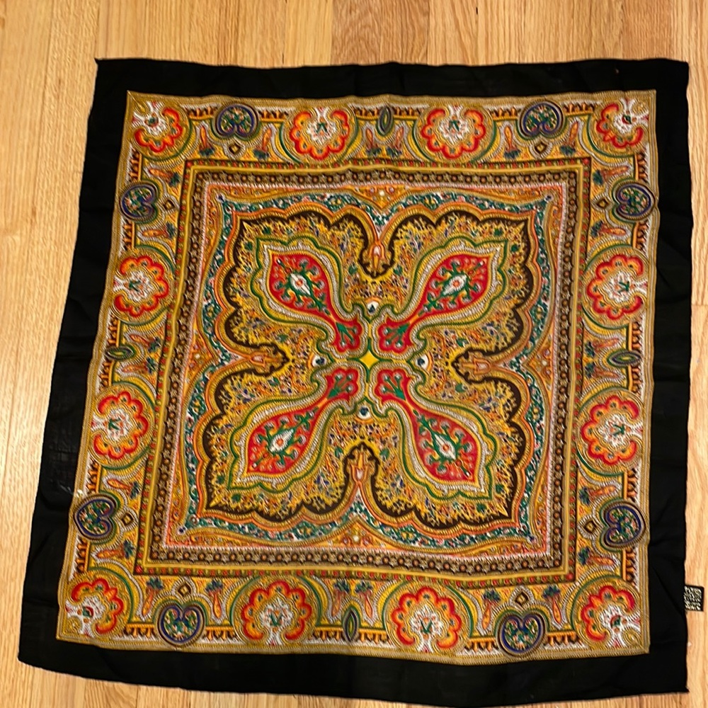 100 % wool scarf - black edge, gold red green blue yellow white paisley design.